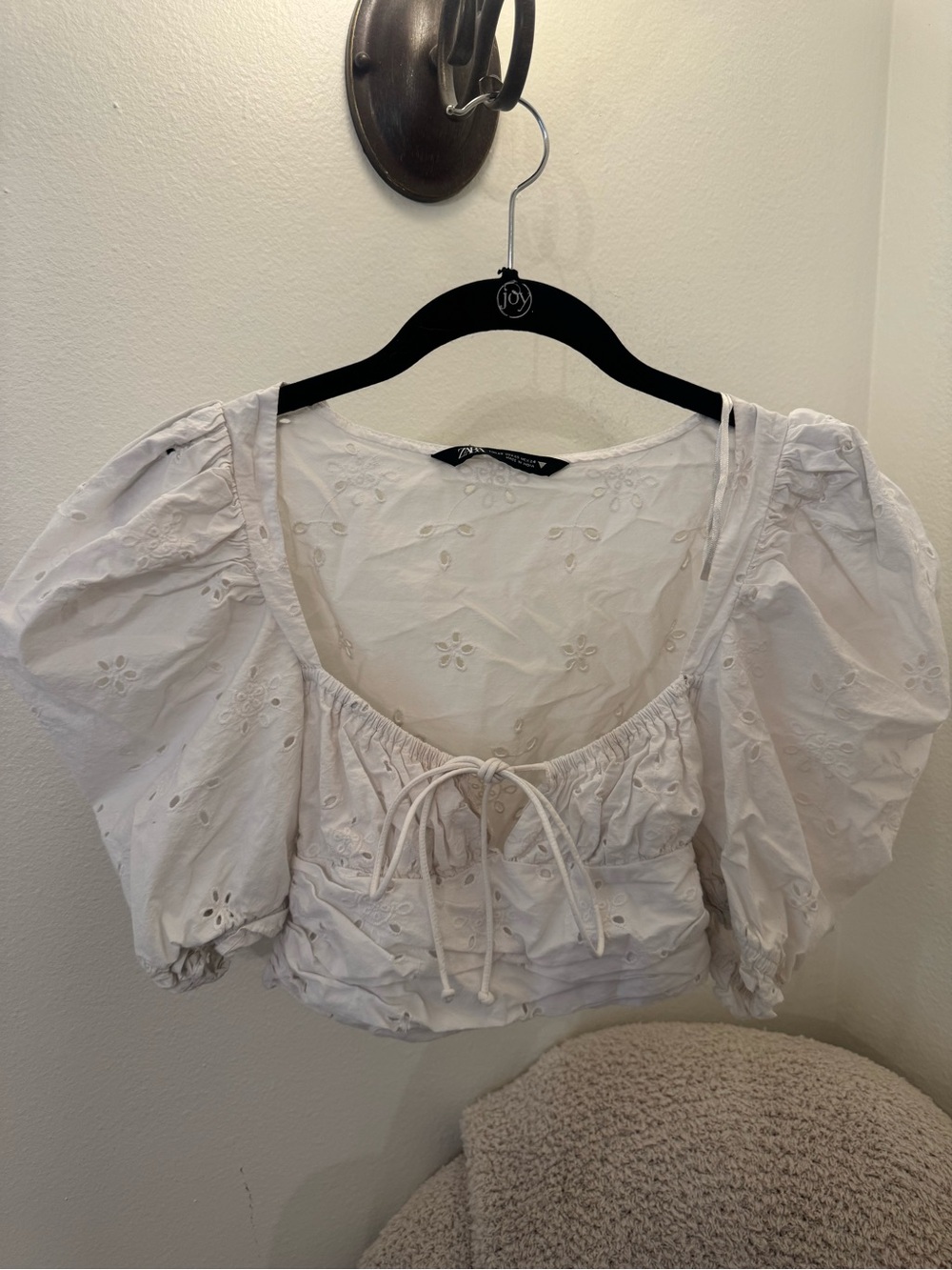 Zara White Eyelet Tie-Front Puff Sleeve Crop Top